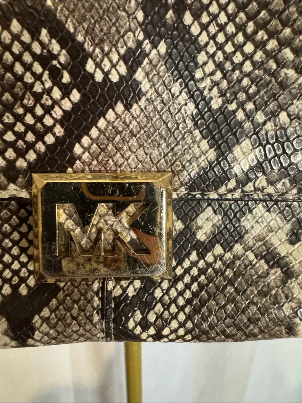 Michael Kors Sonia Snake-Print Shoulder Bag in Brown and Cream with Gold Chain